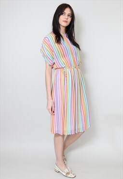 70's Vintage Ladies Dress Multi Stripe Multi Coloured 