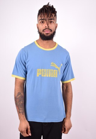 PUMA MENS VINTAGE T-SHIRT TOP LARGE BLUE 90'S
