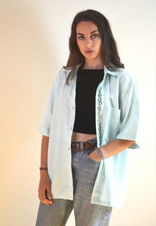 90S VINTAGE MINT PASTEL EMBROIDERED SHIRT