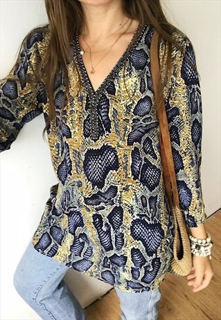 VINTAGE Y2K ANIMAL PRINT BOHO FESTIVAL TUNIC BLOUSE TOP