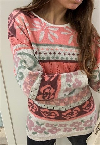 VINTAGE 80S FUNKY FLORAL PATTERN SOFT KNIT JUMPER SWEATER
