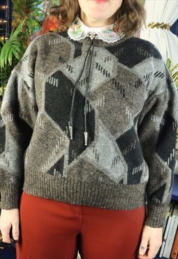 Vintage 90s Grey Checked Checkered Pattern Jumper Sweater