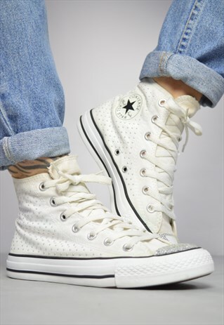 VINTAGE 90S CONVERSE WHITE & SILVER BEADED HI-TOPS SNEAKERS