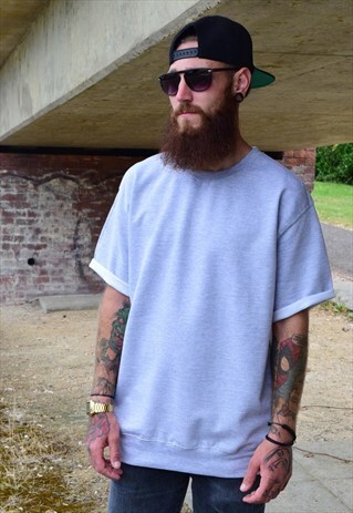 NEW MENS PLAIN GREY SHORT SLEEVE JUMPER SWEATER T SHIRT