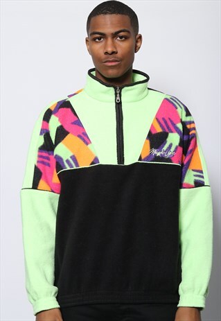 VINTAGE FILA MAGICLINE LOGO 1/4 ZIP FLEECE BLACK AND GREEN