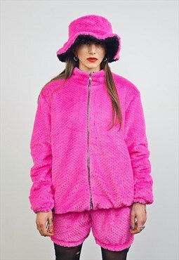 Embellished fleece track jacket pink reversible rave bomber 