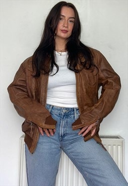 Tan Brown Leather Vintage 90s Bomber Jacket