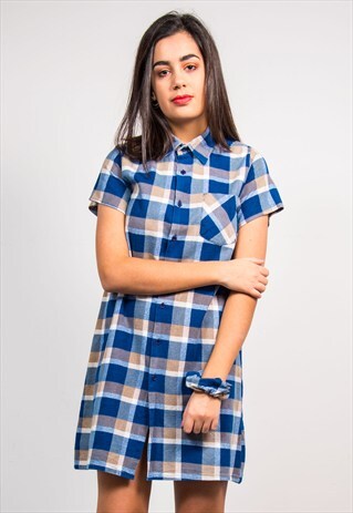 VINTAGE 90'S BLUE CHECK SHORT SLEEVE REWORK FLANNEL DRESS