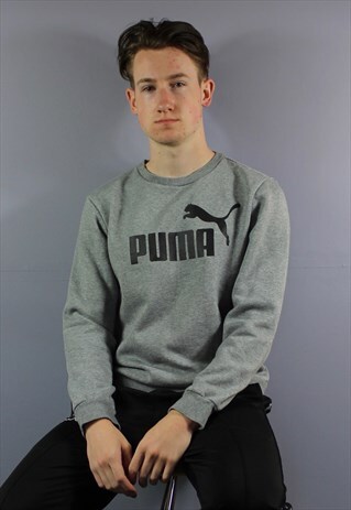 VINTAGE PUMA SWEATSHIRT IN GREY WITH PRINTED LOGO. SIZE S.