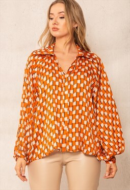 orange printed balloon sleeve satin shirt