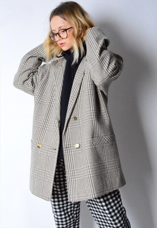 VINTAGE 80S BEIGE CHECK WOOL BLEND BLAZER