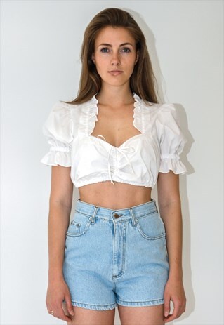 VINTAGE RETRO WHITE LIGHT CROP TOP SHIRT