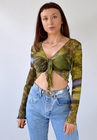 VINTAGE 90S Y2K SHEER WRAP FRONT TOP GREEN LETTUCE HEM