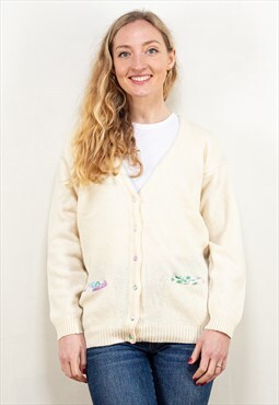 Vintage 80's Wool Blend Knit Cardigan in Natural White