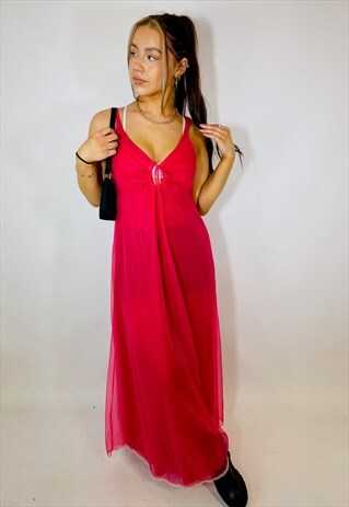 VINTAGE 70S SHEER RED MESH DOUBLE LAYER MAXI SLIP DRESS