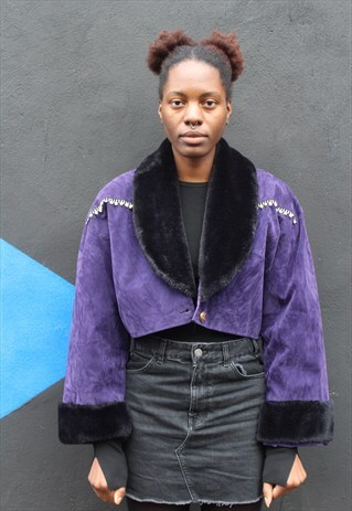 PURPLE SUEDETTE AND FAUX FUR CROPPED JACKET