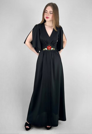 70's Vintage Black Open Sleeve Embroidery Maxi Dress