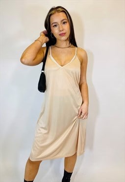 Vintage 90s Satin Beige Summer Mini Slip Dress