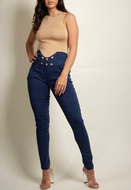 Button Details High Waisted Jeggings In Blue