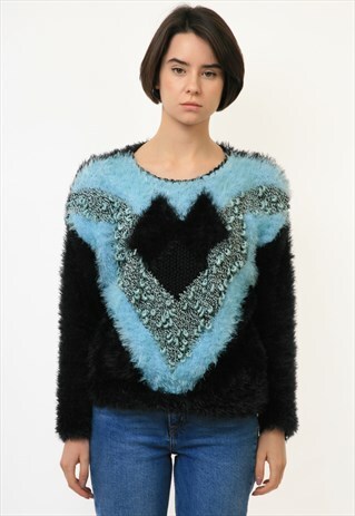 FLUFFY PATTERN COZY BLACK HEART MOHAIR PULLOVER JUMPER 3604