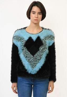 Fluffy Pattern Cozy Black Heart Mohair Pullover Jumper 3604
