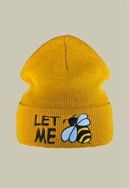 Let Me Bee Embroidered Beanie Hat in Mustard