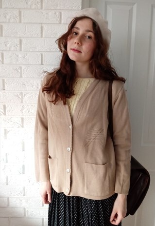 'CAMILLE' VINTAGE BEIGE PREPPY EMBROIDERED CARDIGAN