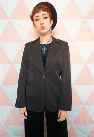 VINTAGE 90S BLACK SATIN BLAZER JACKET WITH DIAMANTE BUTTON