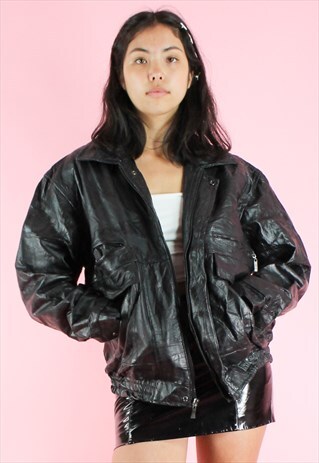 VINTAGE 90S LEATHER JACKET Y2K OVERSIZED BLACK BIKER BOMBER