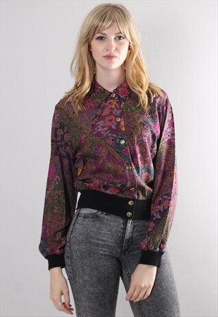 VINTAGE 80S PURPLE PATTERNED BUTTON BOMBER JACKET TOP