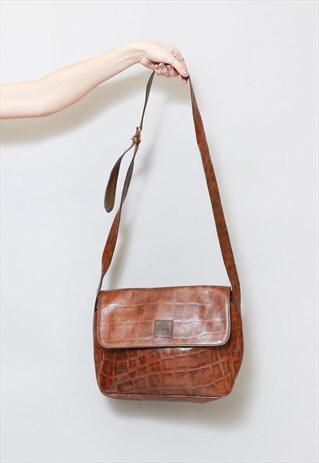 VINTAGE 1970'S BROWN FAUX CROC LEATHER SHOULDER BAG