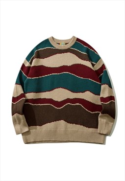 Abstract sweater stripe jumper knitted color block top brown
