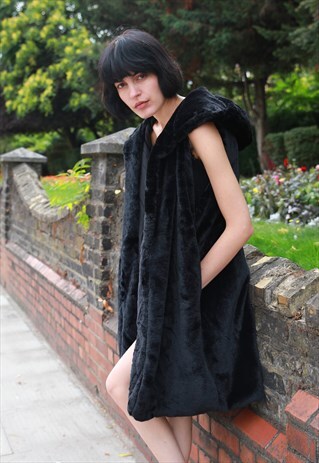 LUXURY SOFT FAUX FUR OVERSIZED HOODIE LONG GILET COAT BLACK