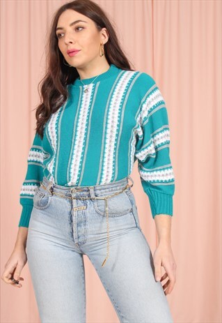 VINTAGE 80S BATWING JUMPER IN GREEN STRIPE