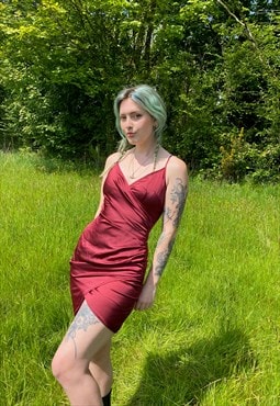 Vintage 90s Red Satin Lace Detail Party Evening Slip Dress