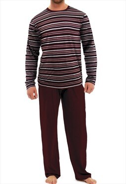 Mens Pure Cotton Burgundy Stripe Pyjama Set PJ's Sizes S-4XL