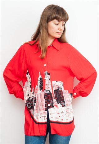 90S RED VISCOSE SHIRT WITH CITY VIEW PRINT