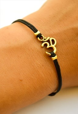Gold om bracelet black cord gift for her yoga jewelry