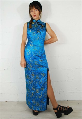 VTG 90S GRUNGE SILKY CHINESE DRAGON COCKTAIL MAXI DRESS BLUE