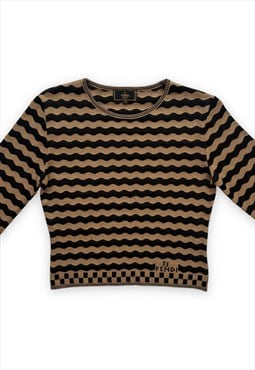Vintage Fendi top knit crop jumper FF stripe beige black