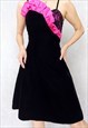 Vintage 80s Black and Pink Velvet Dress, Small Size