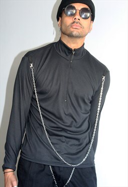 Rezina Black Grunge Chain High Zip Neck Top Reworked