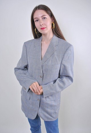 80S GRAY PLAID OVERSIZE SUIT BLAZER, SIZE XL