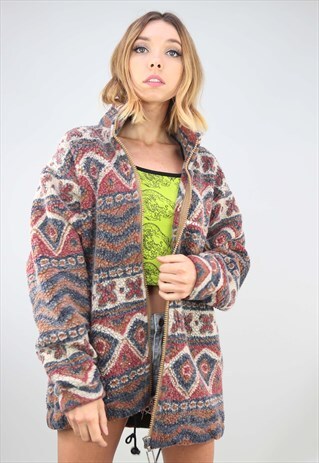 VINTAGE 90S OVERSIZED ZIP UP PATTERNED TEDDY FLEECE JACKET