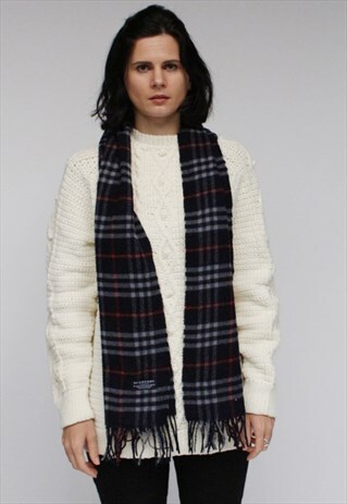 VINTAGE LAMBSWOOL-CASHMERE CHECKED SCARF NAVY-AS31