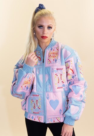 VINTAGE PINK BLUE HARTS 90S LEATHER JACKET