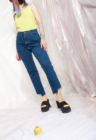 VINTAGE CROP JEANS 90S REWORKED SHREDDED HEM DENIM TROUSERS