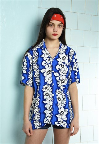 90'S RETRO BLUE HAWAII FLORAL PRINT FESTIVAL DAD'S SHIRT TOP