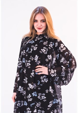 Flowy Chiffon Oversized Shirt in Black Floral Print