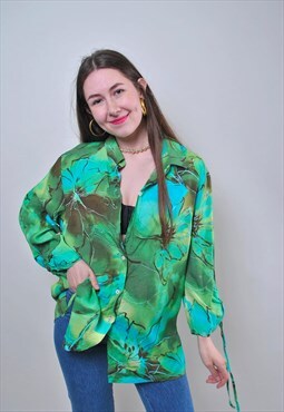 Vintage green festival shirt, women vintage floral blouse 